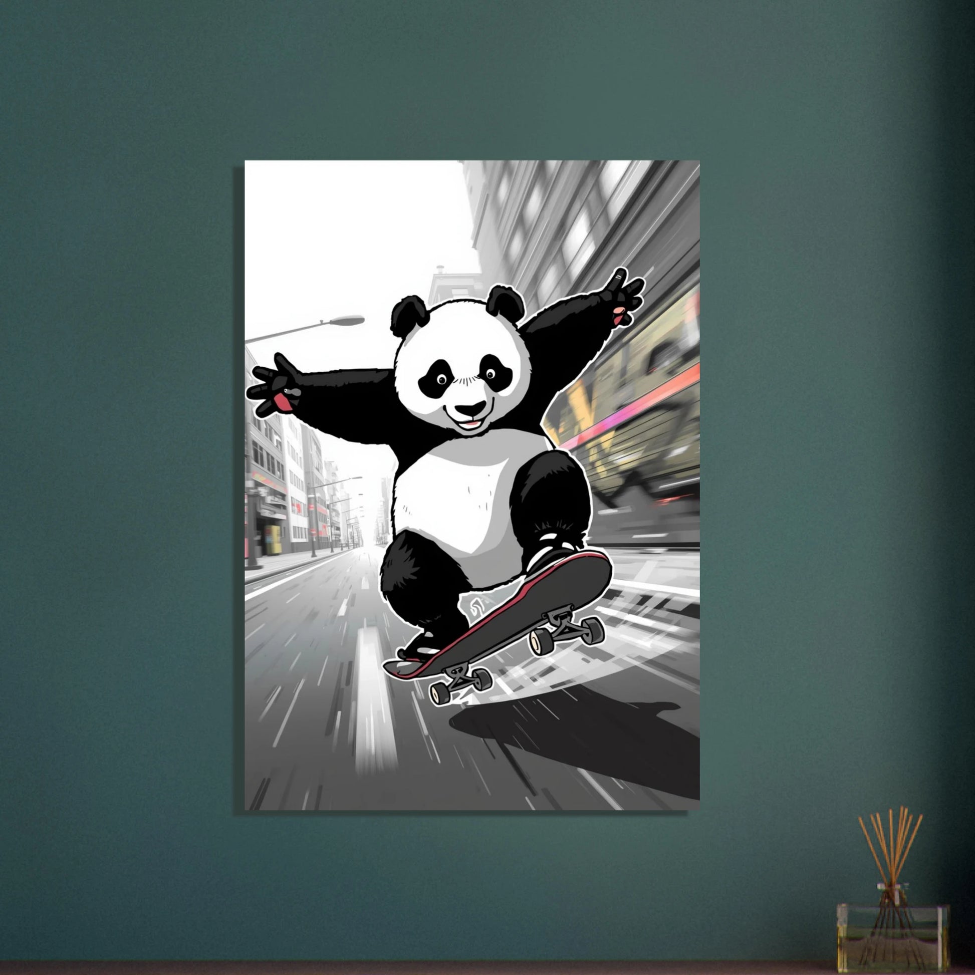 Panda i urban miljö, lekfullt och dynamiskt djurmotiv