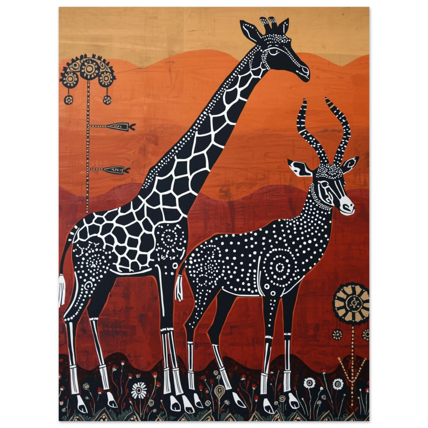 Etnisk illustration av giraff och antilop med vita detaljer på röd botten
