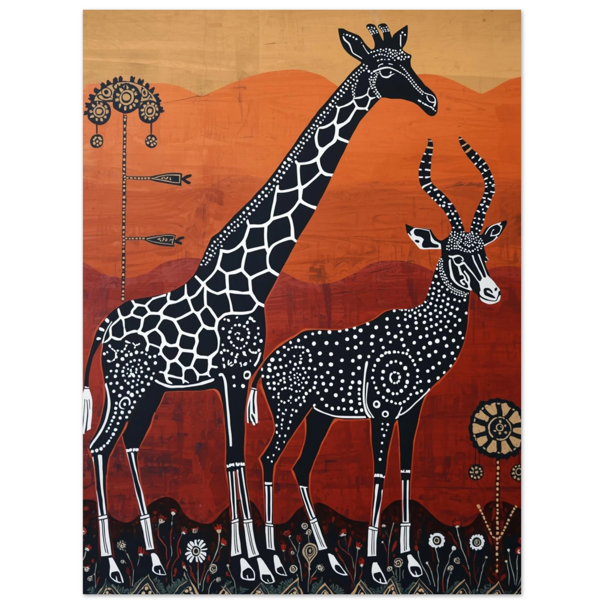 Etnisk illustration av giraff och antilop med vita detaljer på röd botten