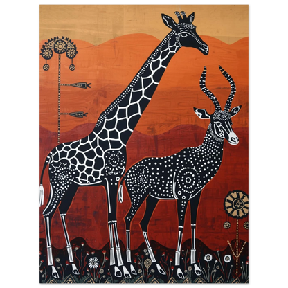 Etnisk illustration av giraff och antilop med vita detaljer på röd botten