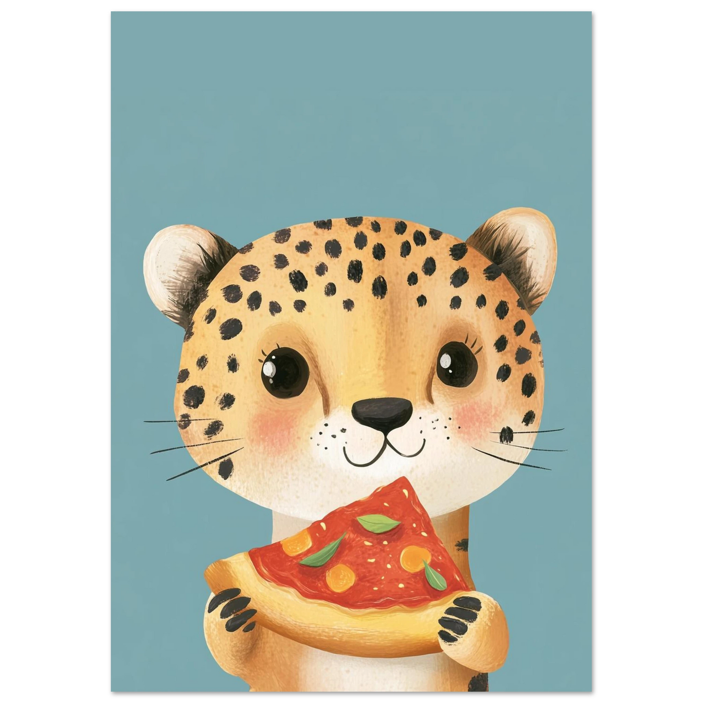 Digital målning av en glad gepard med en bit margherita pizza