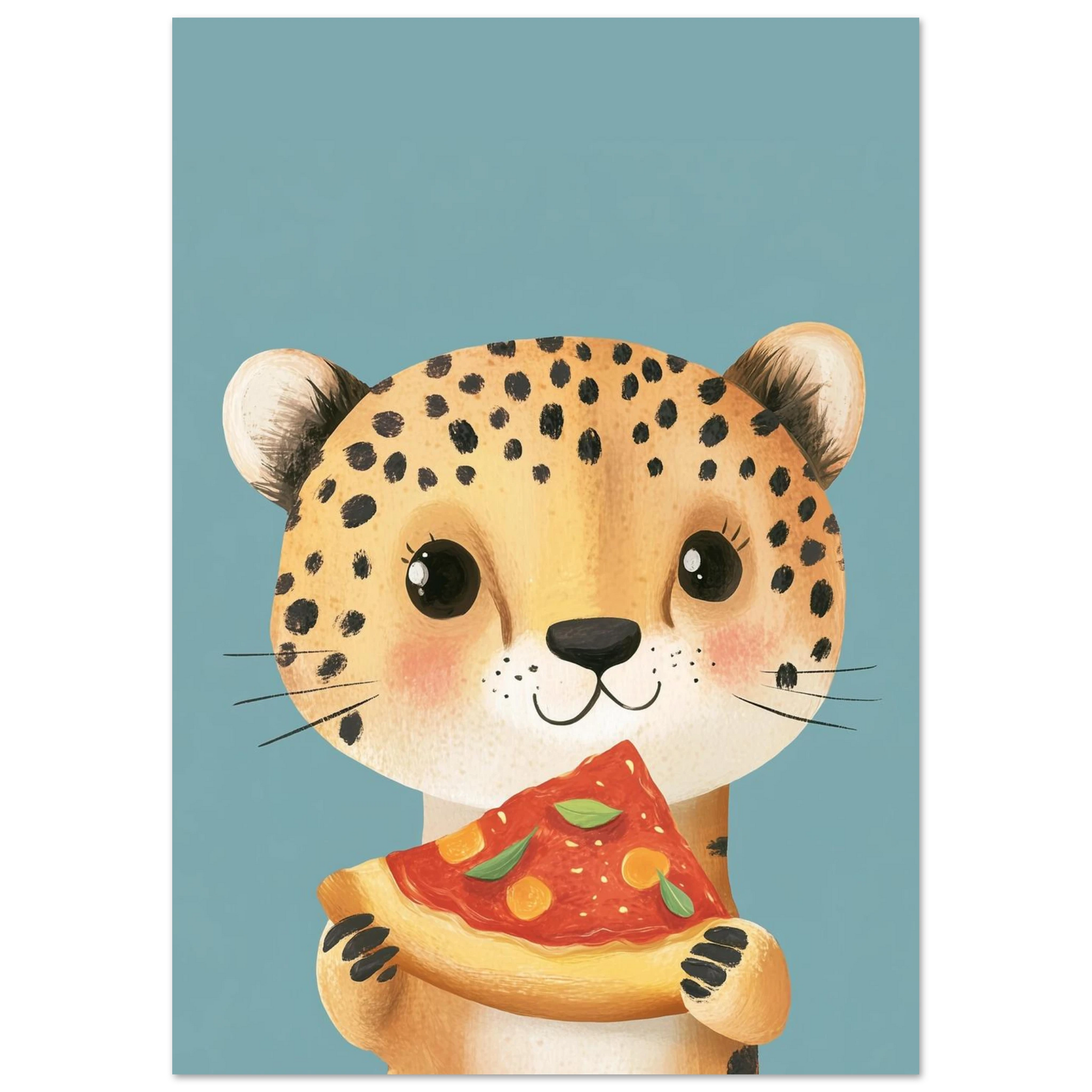 Digital målning av en glad gepard med en bit margherita pizza