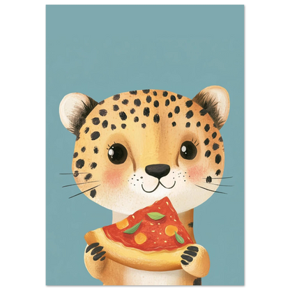 Digital målning av en glad gepard med en bit margherita pizza