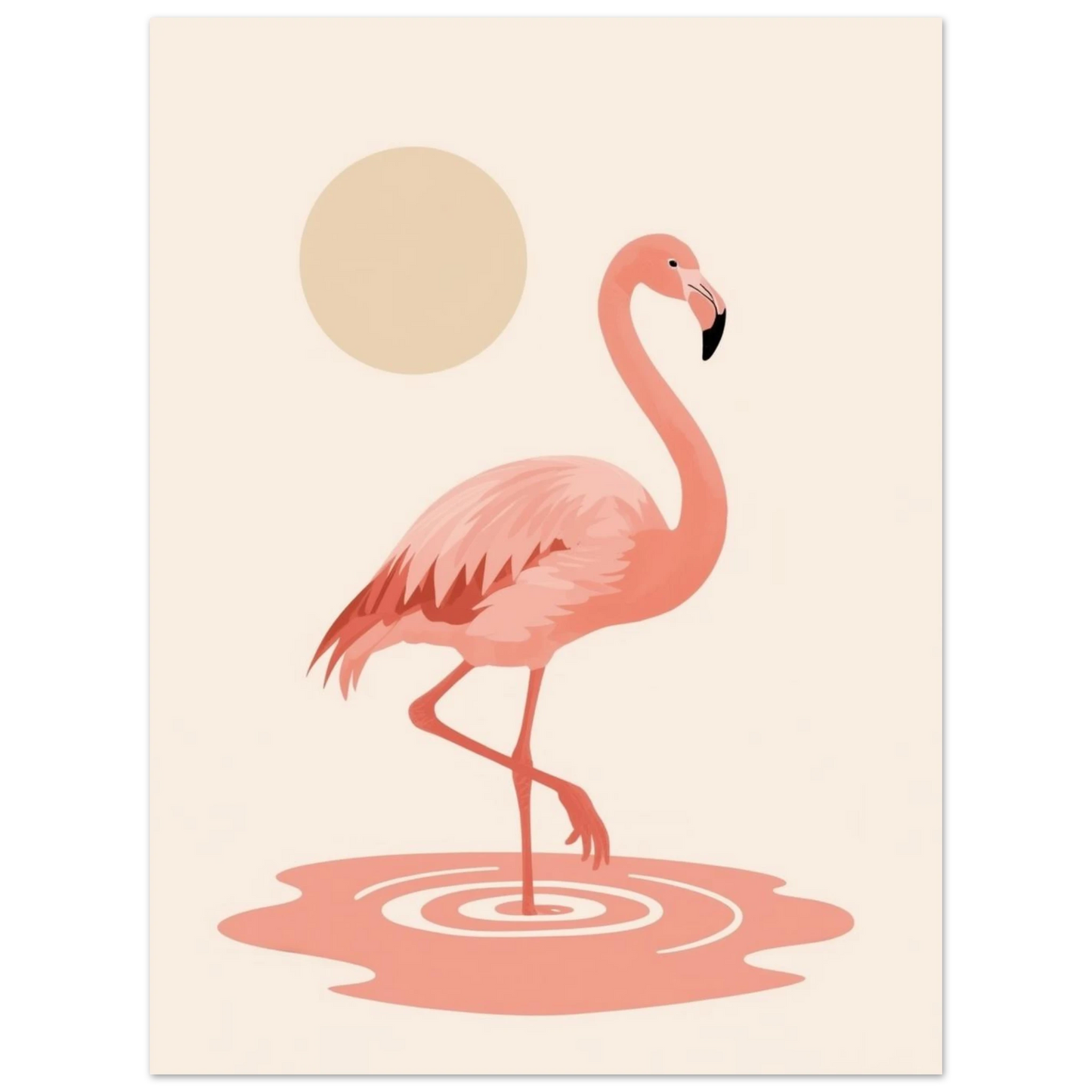 Minimalistiskt djurmotiv med rosa flamingo och cirkelformad sol – modern print