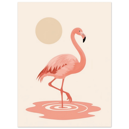Minimalistiskt djurmotiv med rosa flamingo och cirkelformad sol – modern print