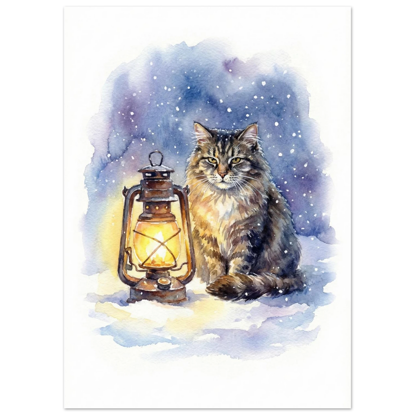 Närbild på kattmotiv med varmt sken från lykta i vinternatt, akvarellposter