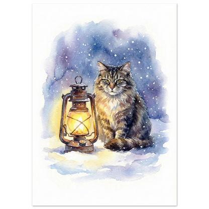 Närbild på kattmotiv med varmt sken från lykta i vinternatt, akvarellposter