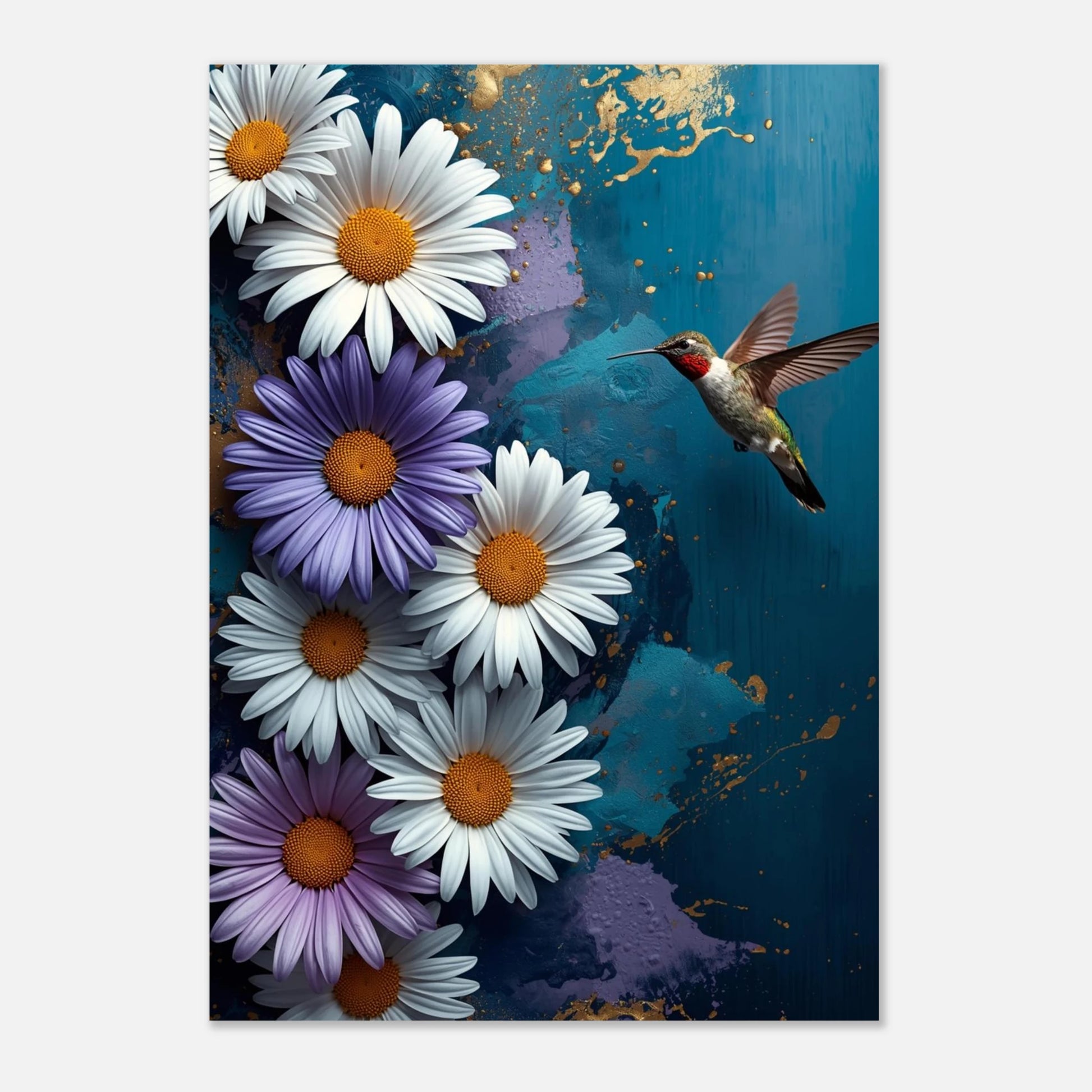 Modern tavla med kolibri och blommor monterad på en ljusgrå väggbakgrund
