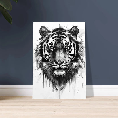Majestätisk tiger i kolstil med intensiv blick på vit bakgrund.