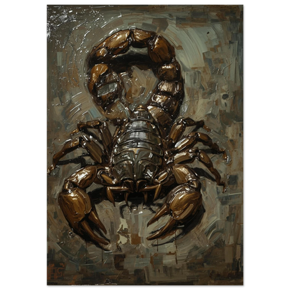 Skorpion i brun impasto-stil med kraftfulla penseldrag och mörk bakgrund