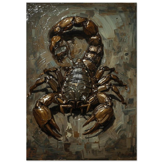 Skorpion i brun impasto-stil med kraftfulla penseldrag och mörk bakgrund