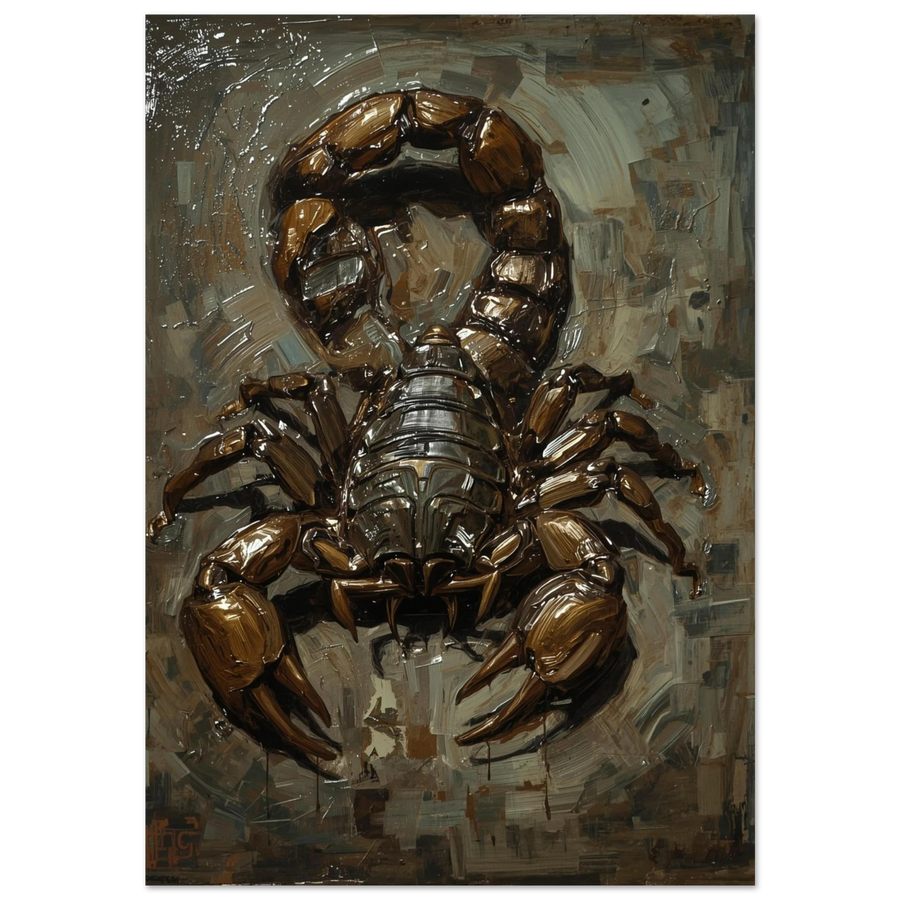 Skorpion i brun impasto-stil med kraftfulla penseldrag och mörk bakgrund