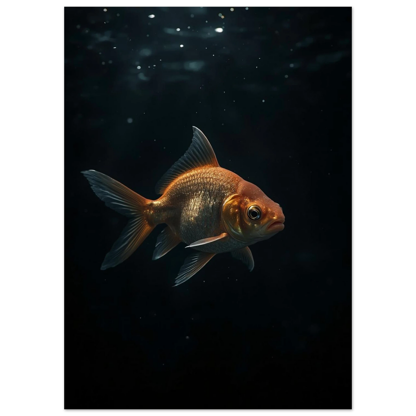 Närbild på guldskimrande fisk mot svart bakgrund – konstnärligt fotoprint