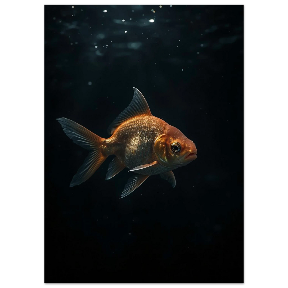 Närbild på guldskimrande fisk mot svart bakgrund – konstnärligt fotoprint