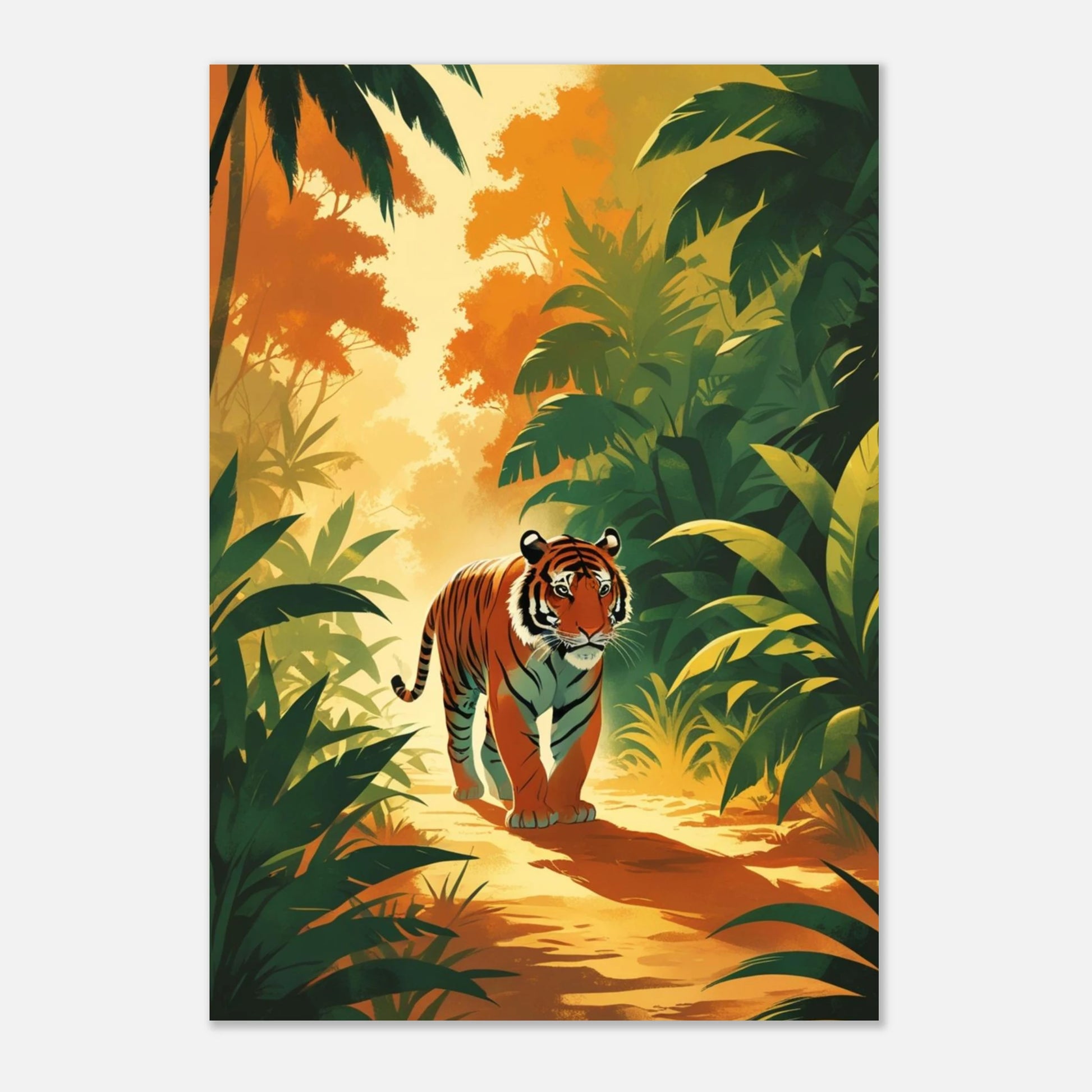 Stämningsfull tigerposter med varma toner och frodig natur i 40-talsstil