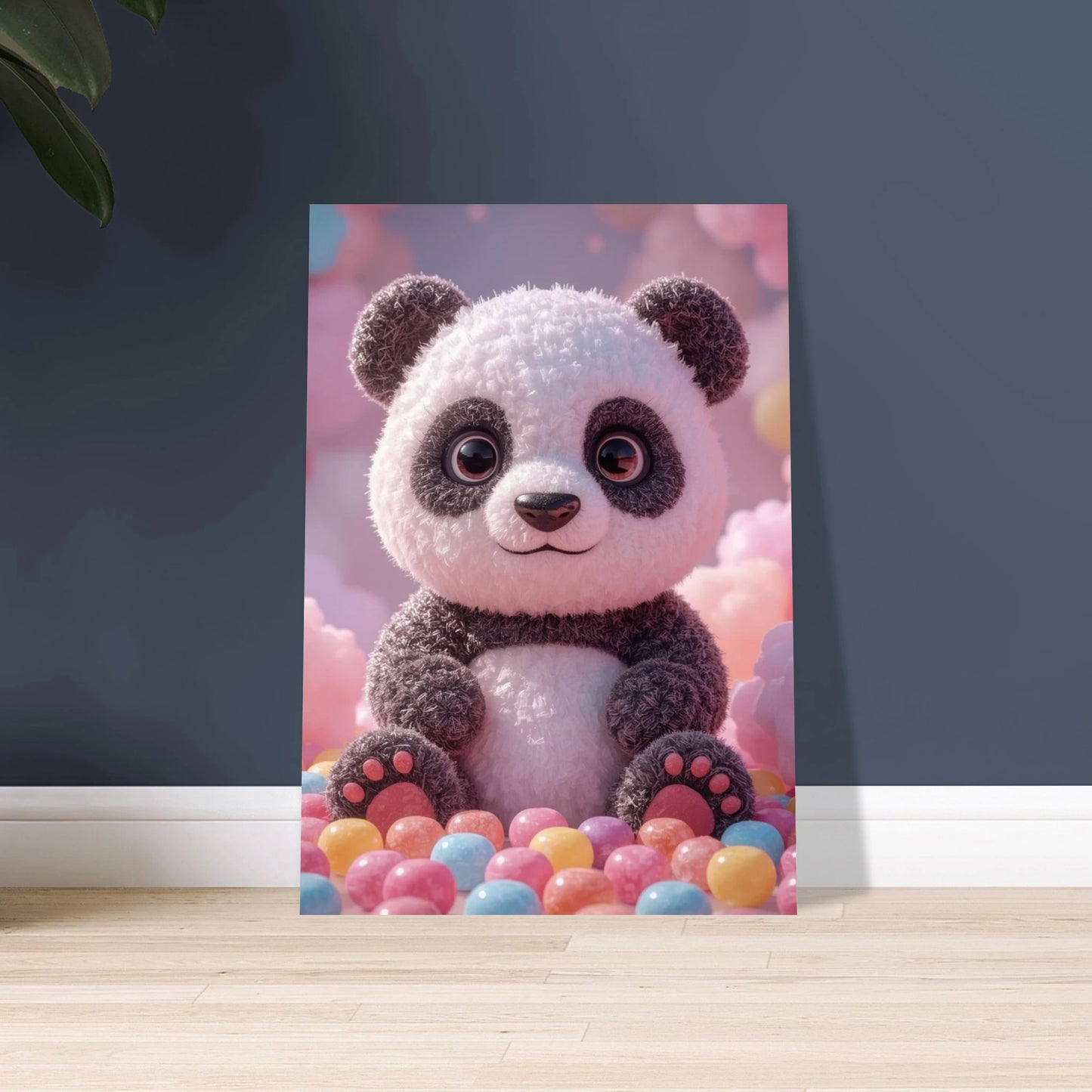 Söt panda av godis och fluffiga moln, lekfull drömvärld.
