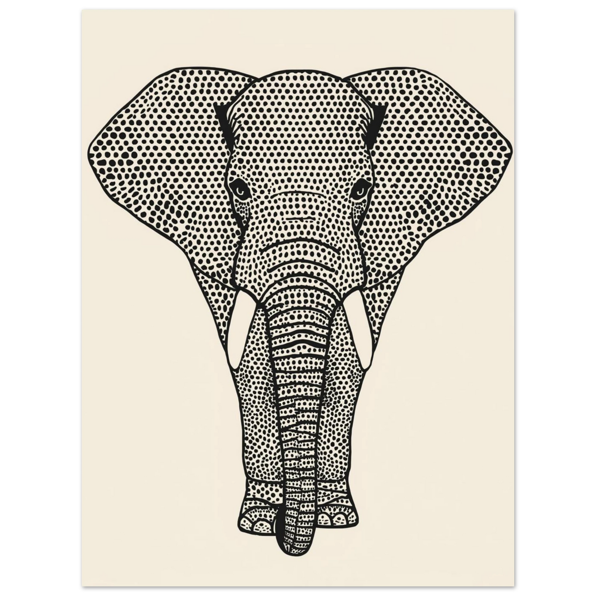 Grafisk illustration av ett elefanthuvud med unikt mönster, svartvitt konsttryck
