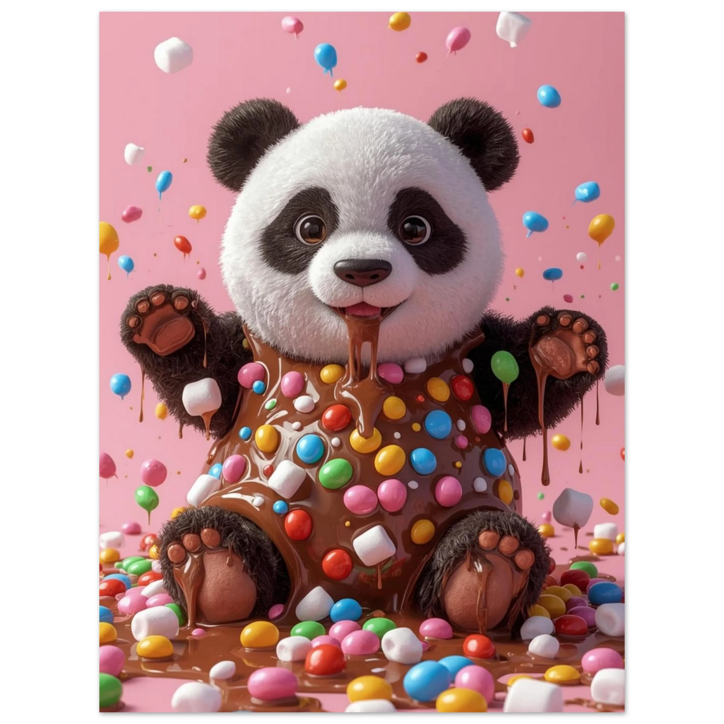 Närbild på en pandafigur dekorerad med godisbitar och smält mjölkchoklad i 3D-stil