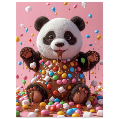 Närbild på en pandafigur dekorerad med godisbitar och smält mjölkchoklad i 3D-stil