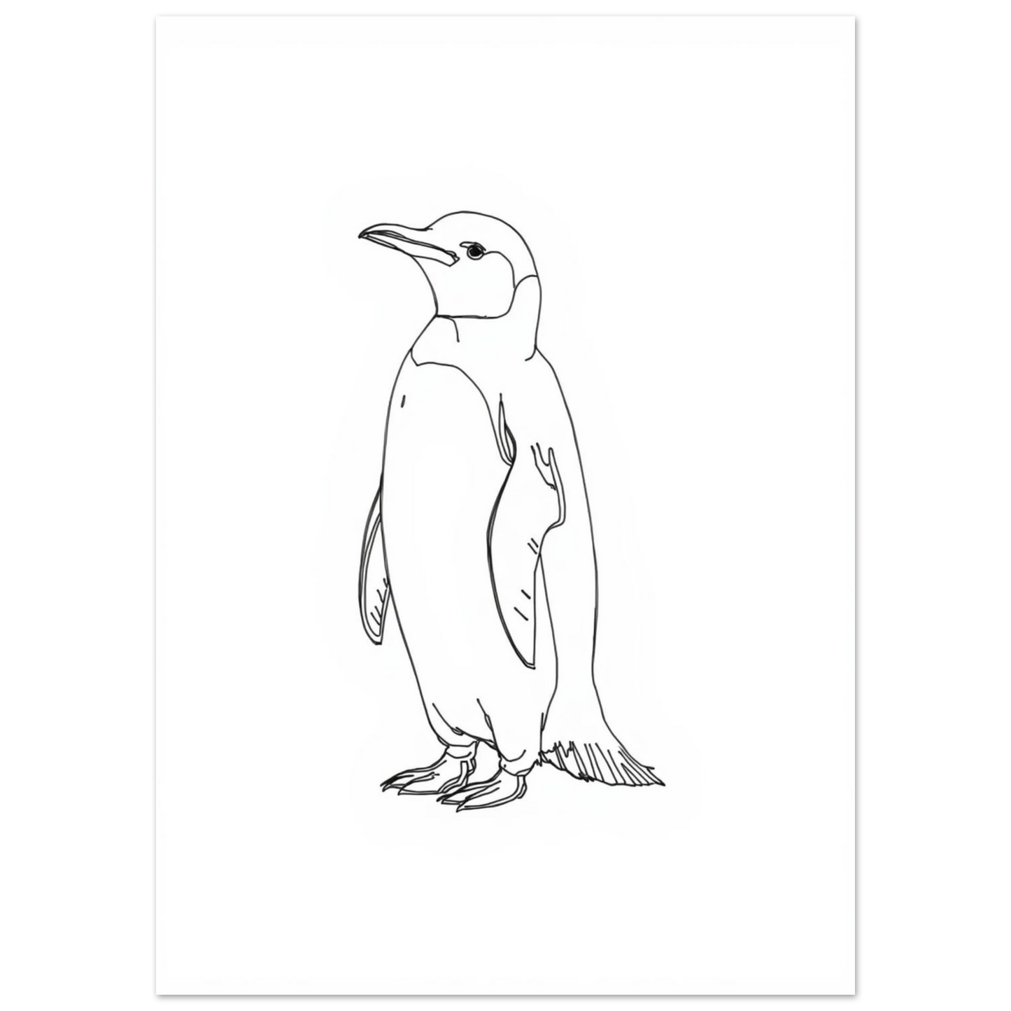 Elegant illustration med tunna svarta linjer föreställande en pingvin