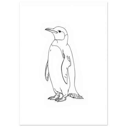 Elegant illustration med tunna svarta linjer föreställande en pingvin