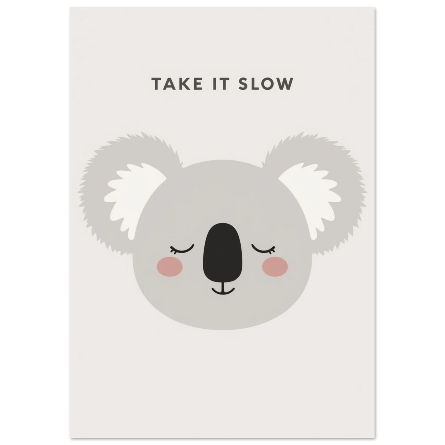 Grafisk barnposter föreställande en sovande koala i mjuka grå toner
