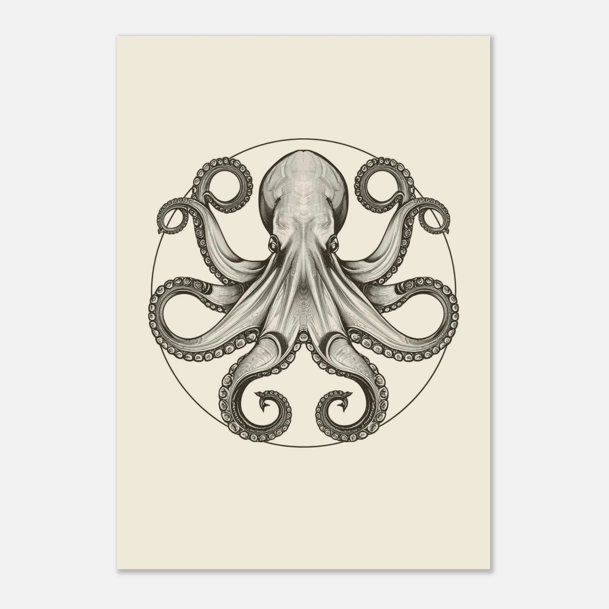 Elegant djurposter med en bläckfisk i svartvitt på beige papper