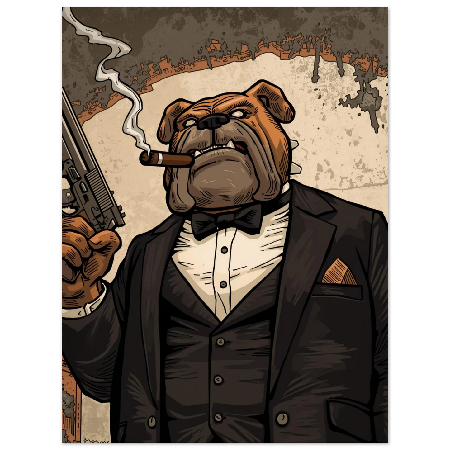 Maffiainspirerad hundposter föreställande bulldogg i mörkbrun kavaj med pistol