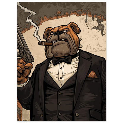 Maffiainspirerad hundposter föreställande bulldogg i mörkbrun kavaj med pistol