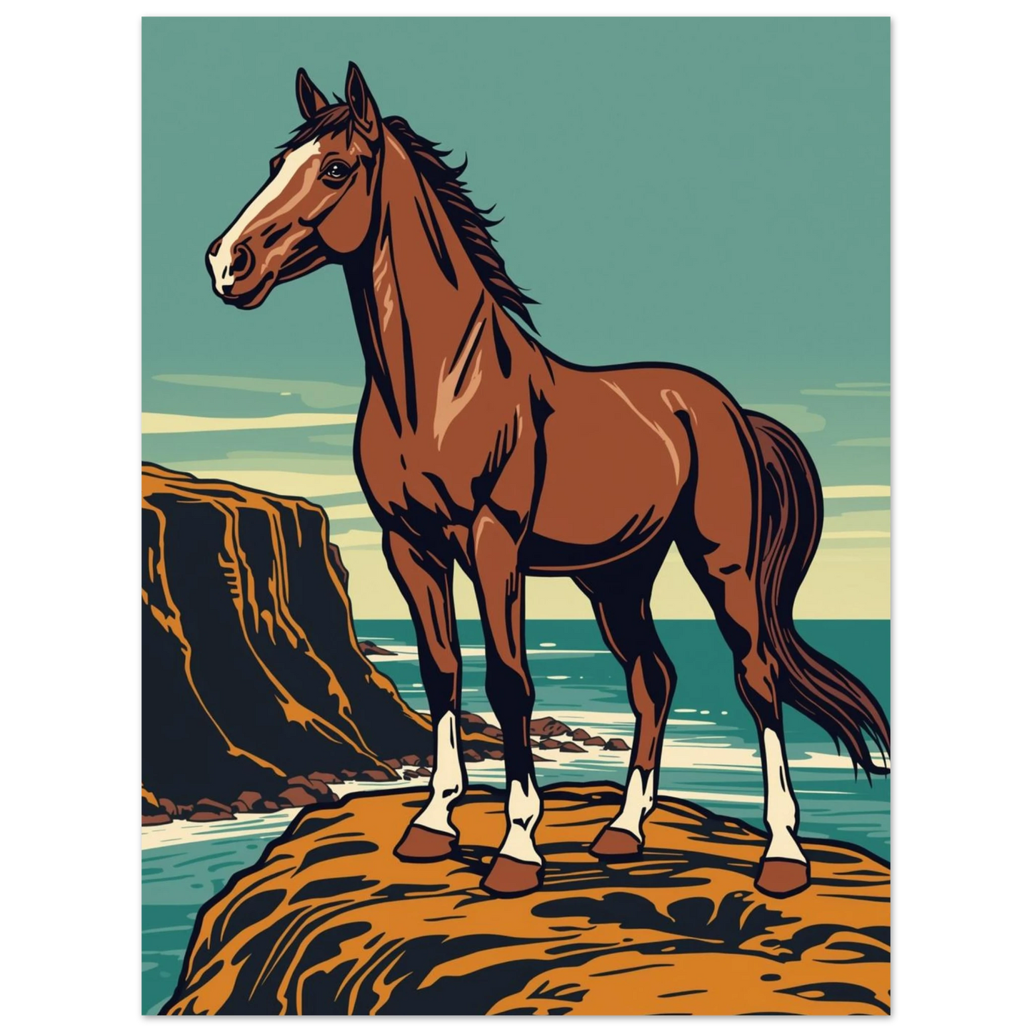 Grafisk illustration av en häst som blickar ut över ett blått hav
