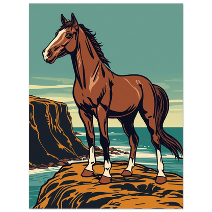 Grafisk illustration av en häst som blickar ut över ett blått hav