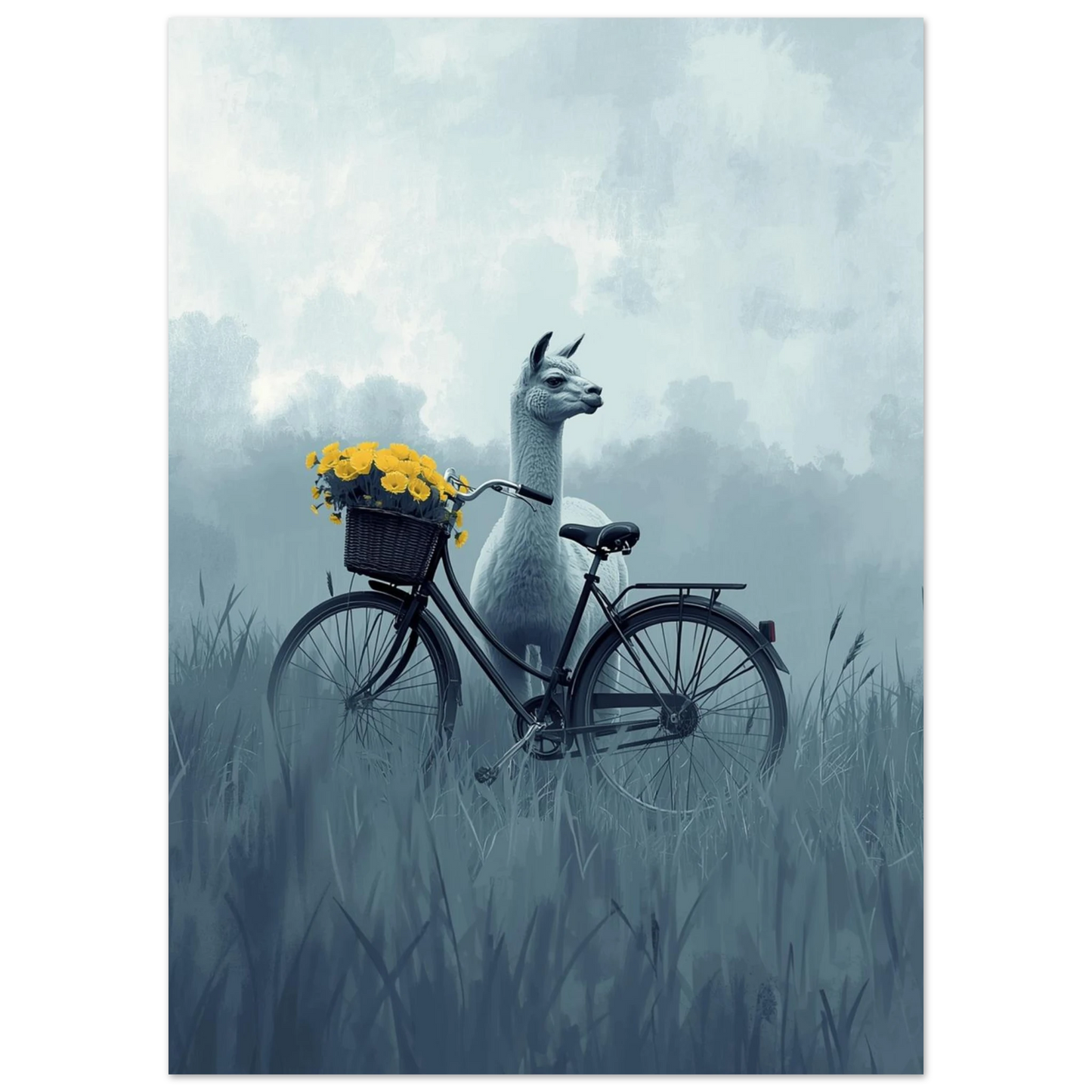 Alpacka med cykel och gula blommor i korgen – blåtonad tavla