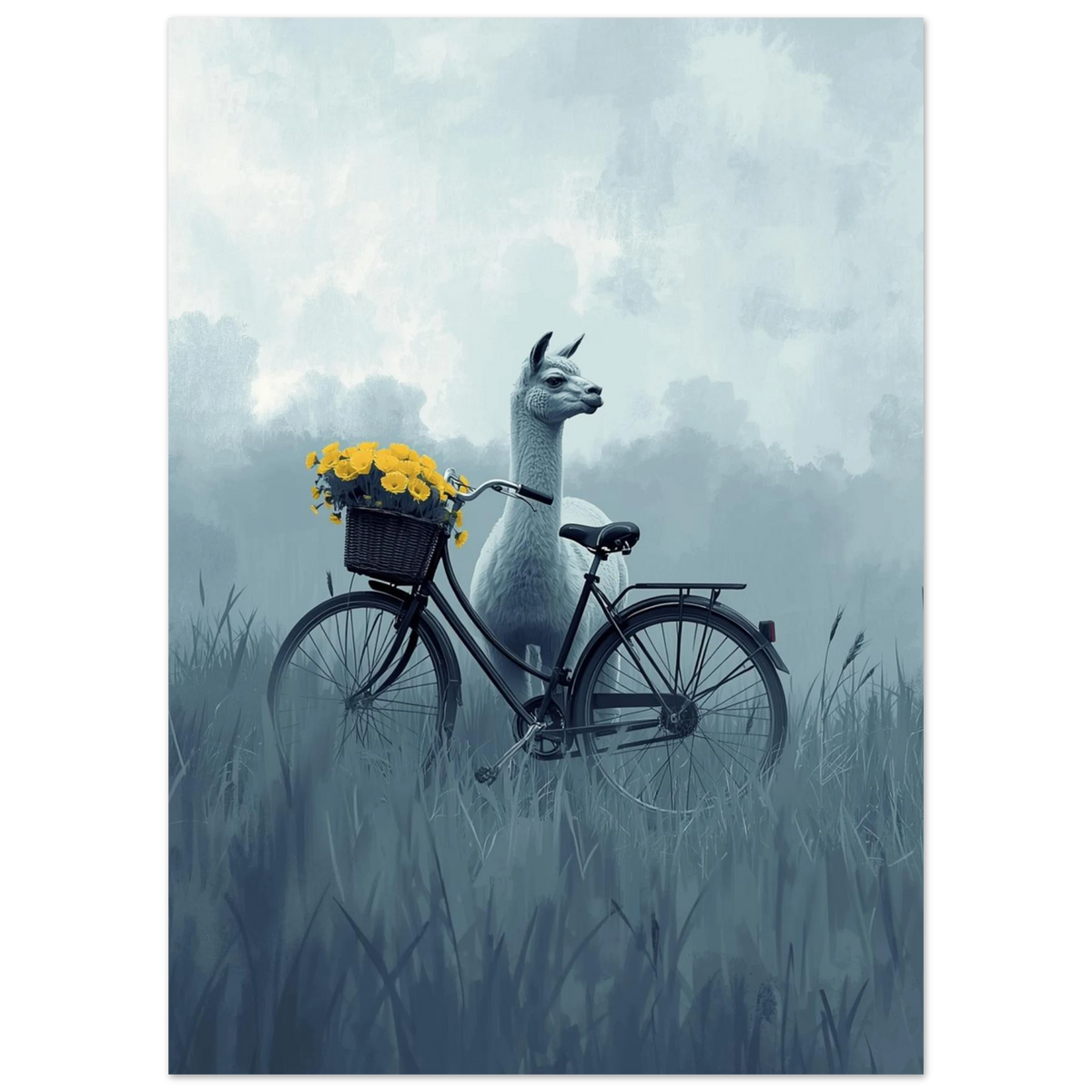 Alpacka med cykel och gula blommor i korgen – blåtonad tavla