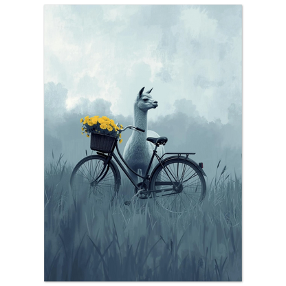 Alpacka med cykel och gula blommor i korgen – blåtonad tavla