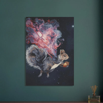 Ekorre med en ekollon, omgiven av en färgglad rymdnebulosa i akvarell.