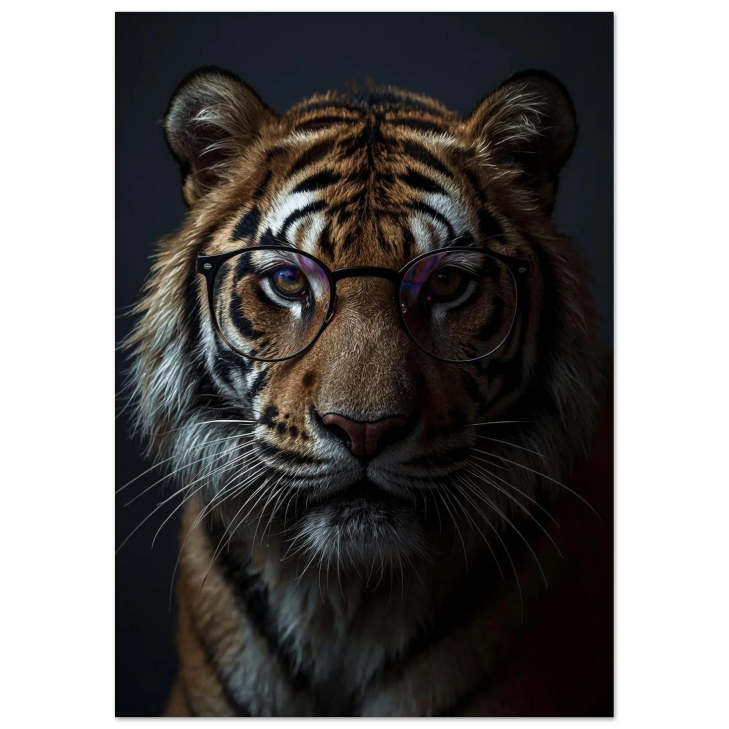 Tigerporträtt med glasögon, framifrån, varm belysning mot mörk bakgrund – Fotorealistisk poster