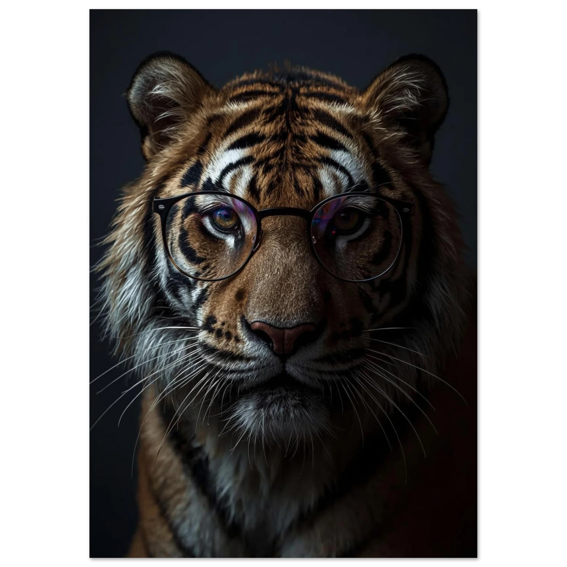 Tigerporträtt med glasögon, framifrån, varm belysning mot mörk bakgrund – Fotorealistisk poster