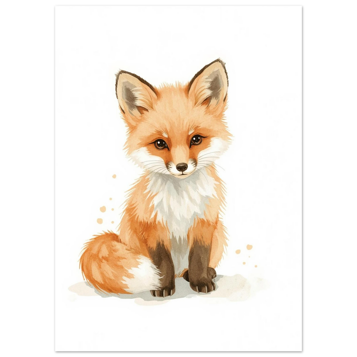 Illustration av en sittande rävunge med stora bruna ögon, akvarellstil