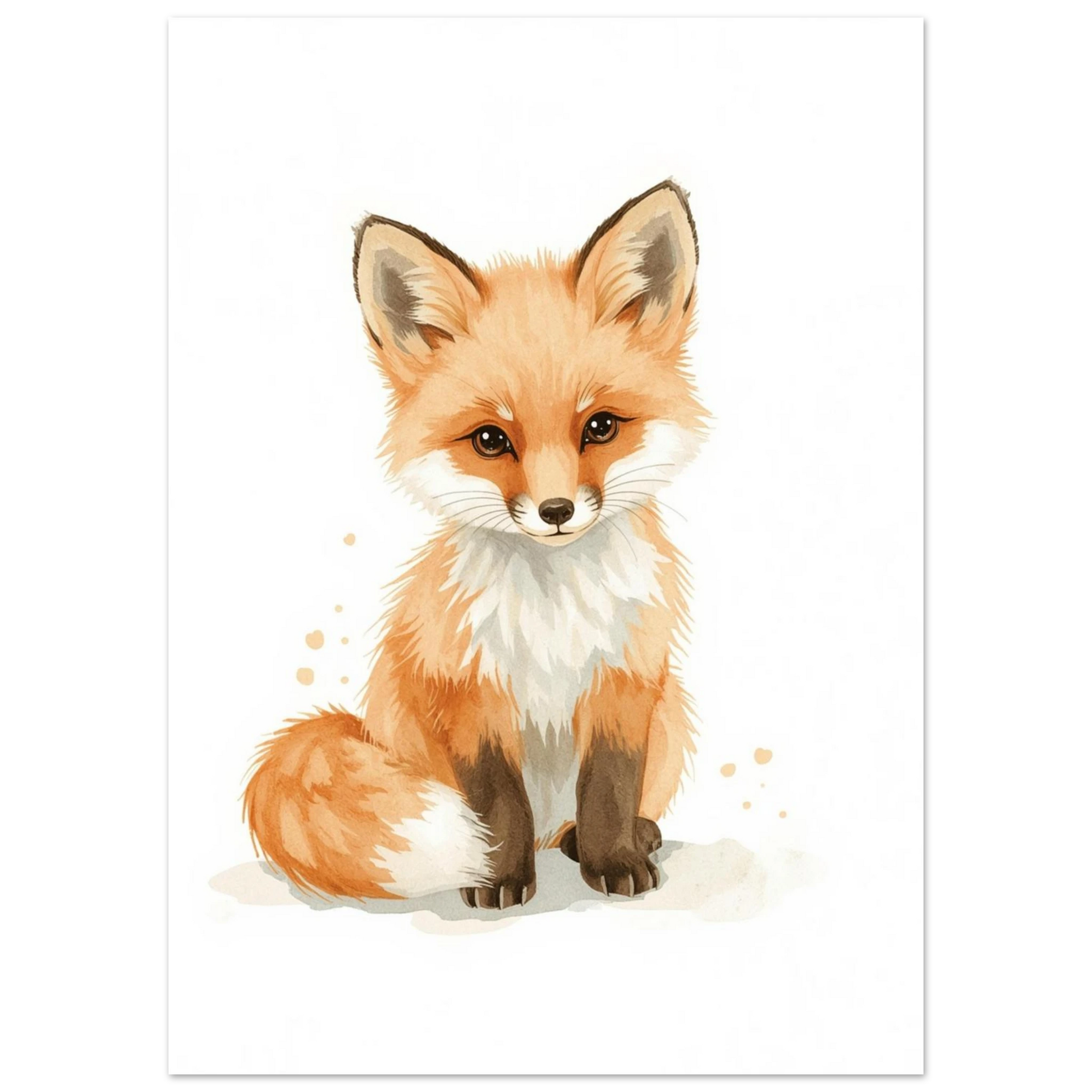 Illustration av en sittande rävunge med stora bruna ögon, akvarellstil