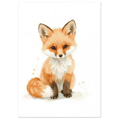 Illustration av en sittande rävunge med stora bruna ögon, akvarellstil