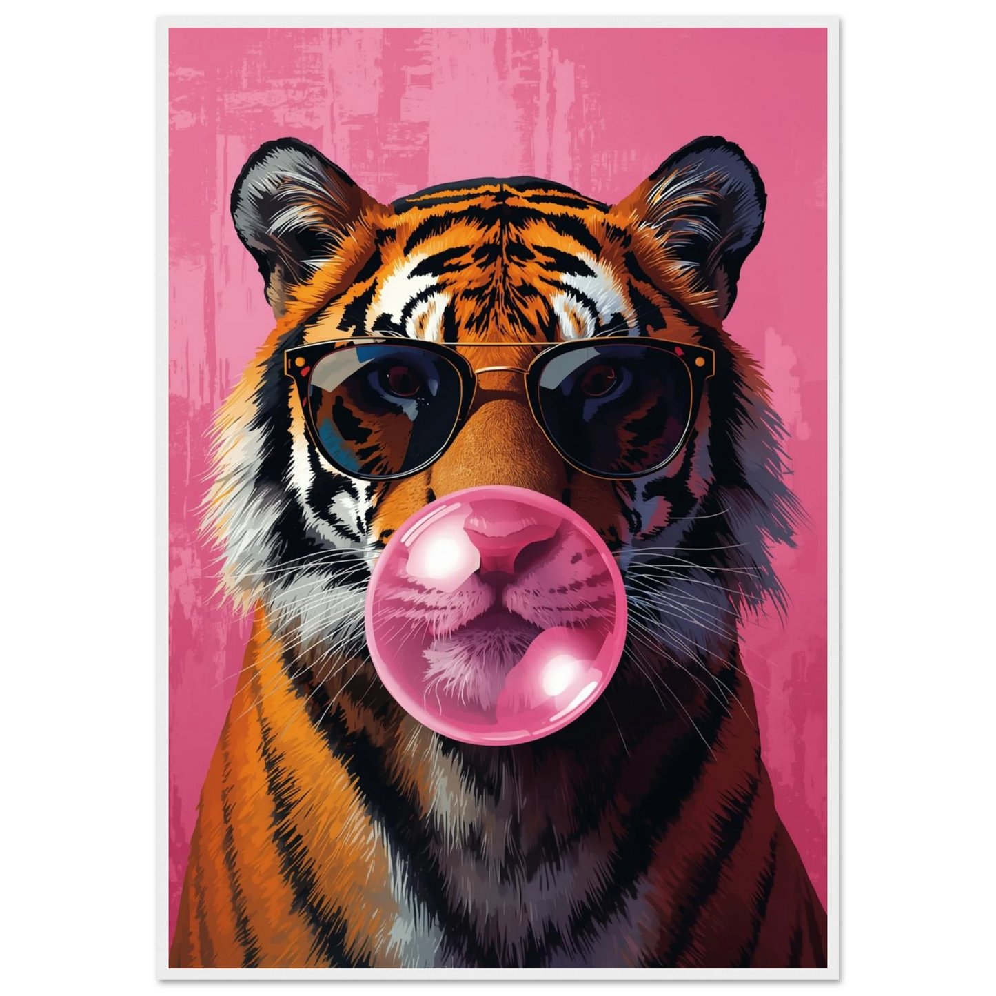Tiger med solglasögon och tuggummibubbla på rosa bakgrund – Tecknad poster