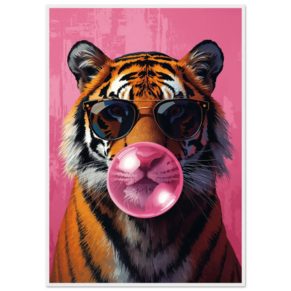 Tiger med solglasögon och tuggummibubbla på rosa bakgrund – Tecknad poster