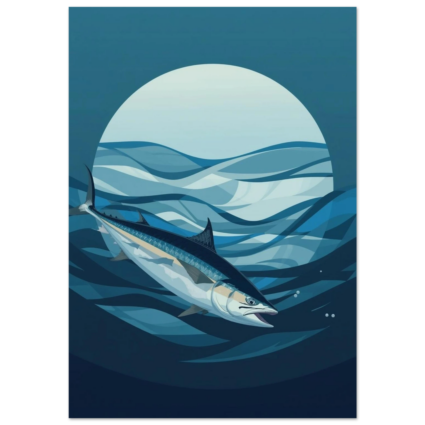 Grafisk illustration av en tonfisk under vatten med mörkblå bakgrund