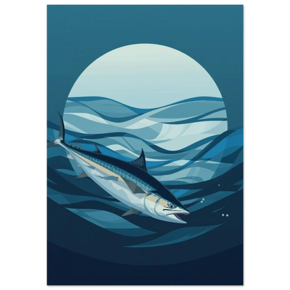 Grafisk illustration av en tonfisk under vatten med mörkblå bakgrund