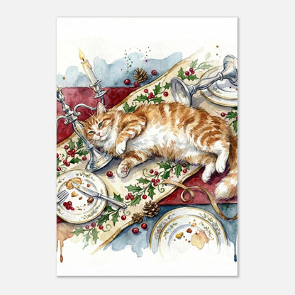 Kattmotiv i akvarell föreställande julfrid på ett bord med tända ljus