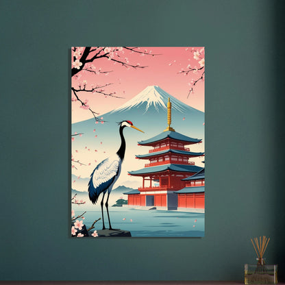 Elegant trana i japanskt landskap med körsbärsblommor och Fuji.