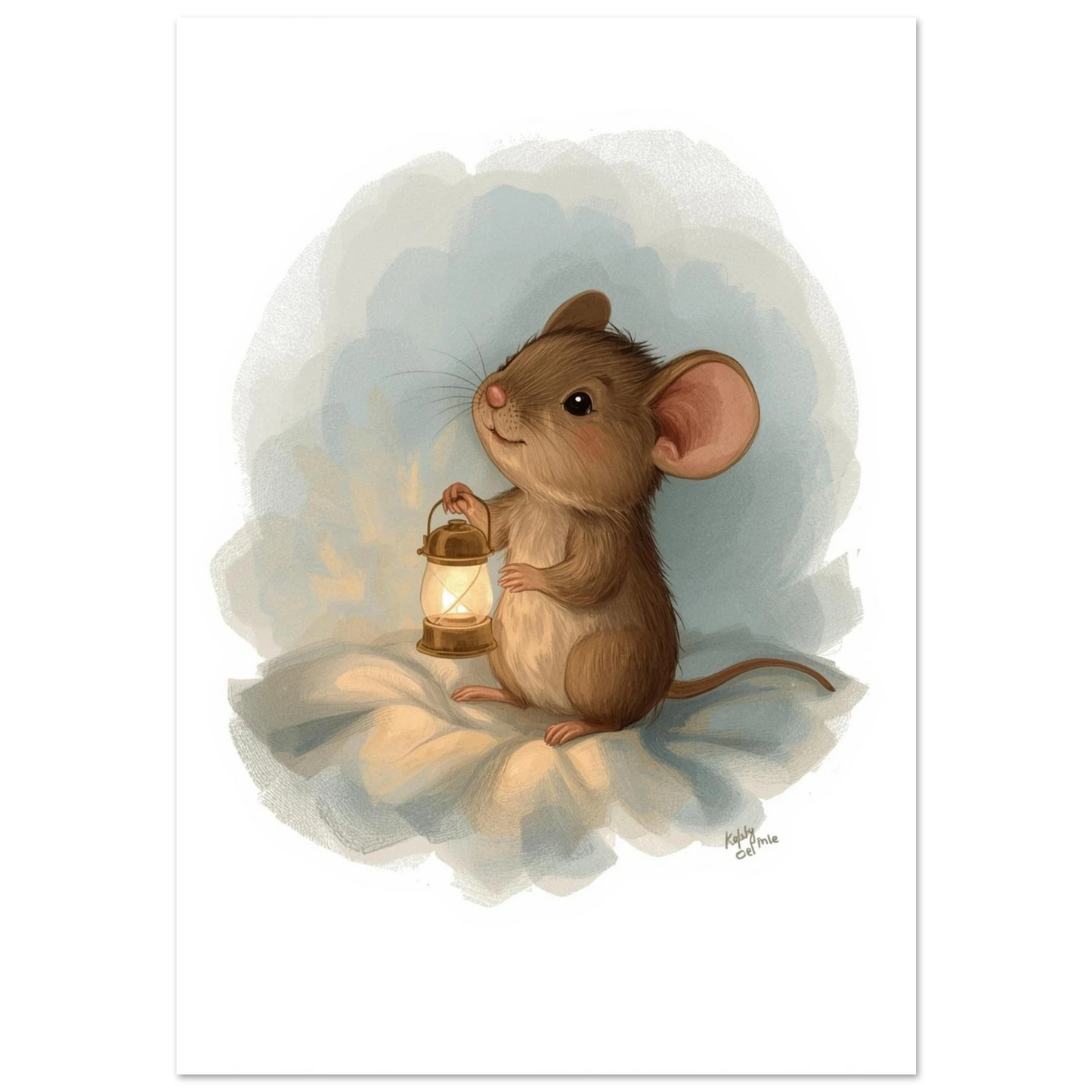 Liten mus med lysande lykta på vit bakgrund, sagoillustration