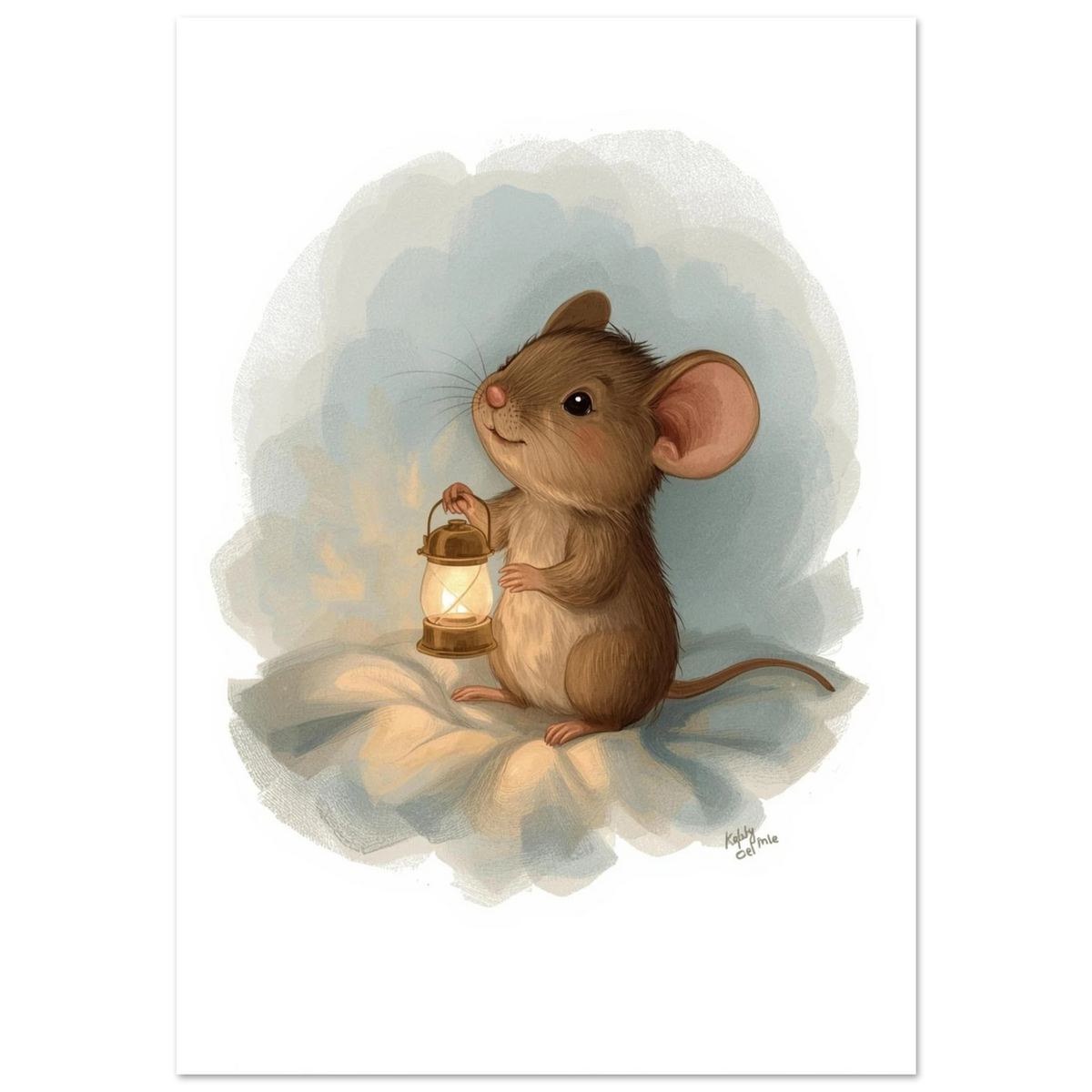 Liten mus med lysande lykta på vit bakgrund, sagoillustration