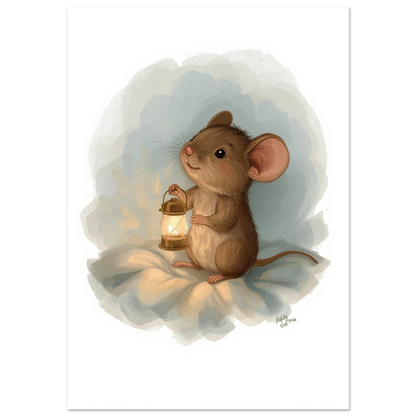 Liten mus med lysande lykta på vit bakgrund, sagoillustration