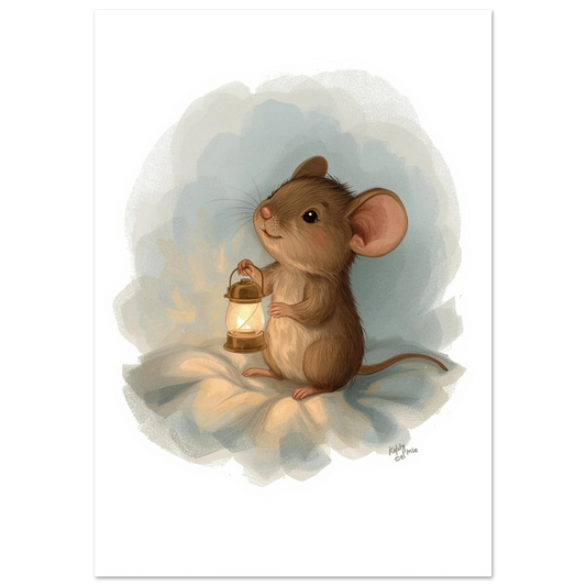 Liten mus med lysande lykta på vit bakgrund, sagoillustration